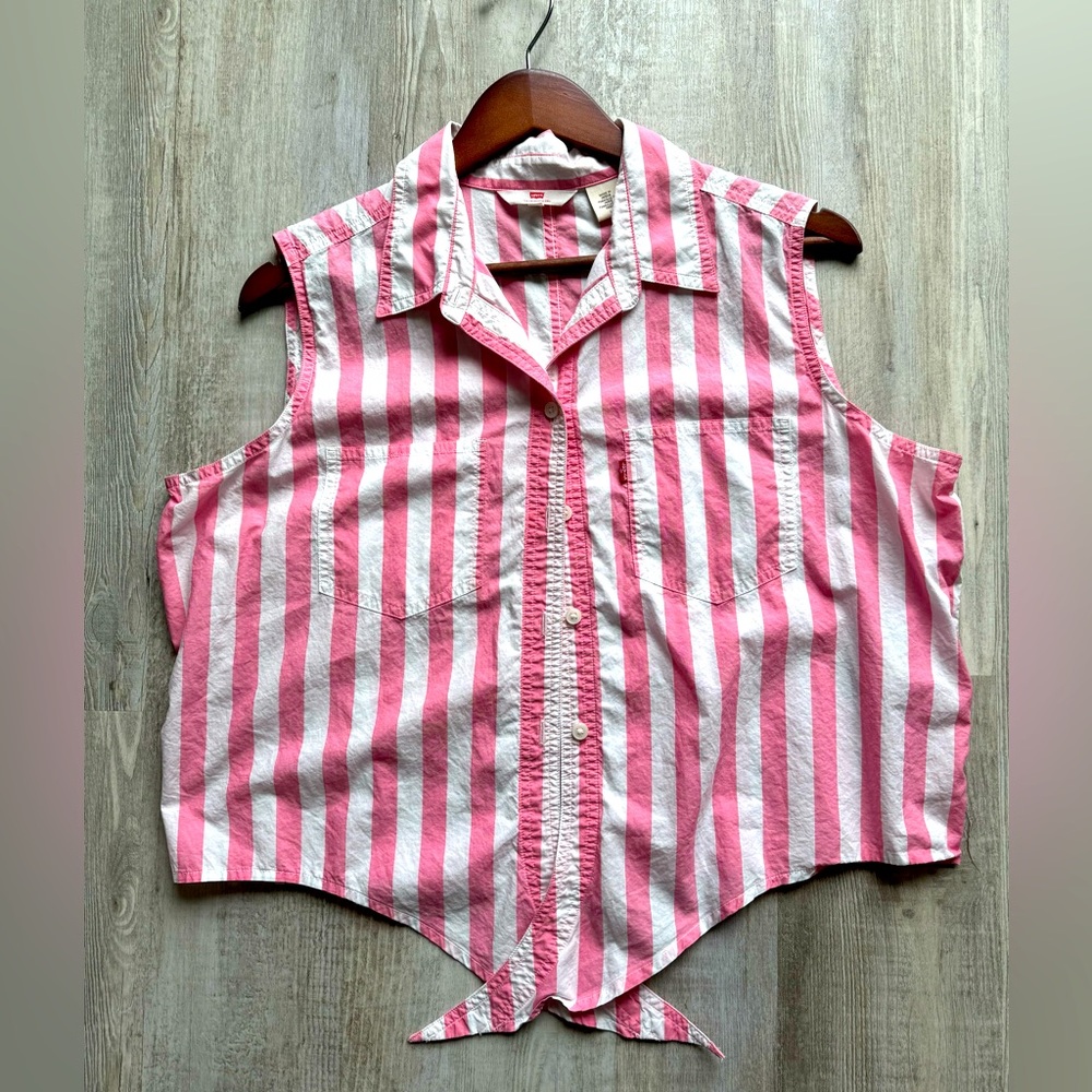 Pink and White Striped Sleeveless Shirt